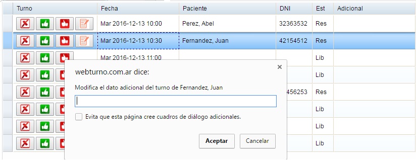 Ventana para cargar un dato adicional del turno